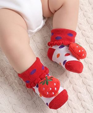 Cute Walk by Babyhug Fabric Ankle Length Socks Shoes with Polka Dots Design & Strawberry Applique- Red & White