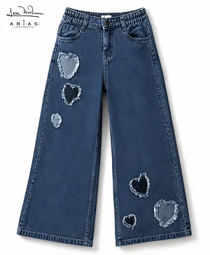 Arias Cotton Washed Full Length Jeans
                              With Distressed Heart Detailing - Blue