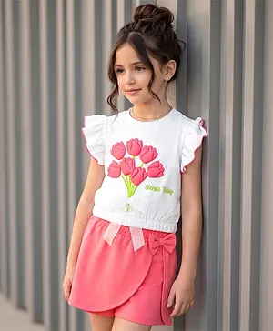 OLLINGTON ST. Sinker Knit Frill
                              Sleeves Top & Skort Set With Floral
                              Print - White & Pink