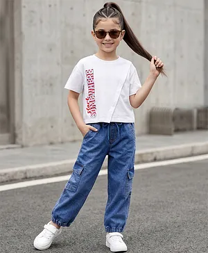 OLLINGTON ST. Cotton Knit Half
                              Sleeves Top With Text Print & Denim
                              Culottes Set - White & Indigo