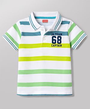 Babyhug 100% Cotton Knit Polo T-Shirt Striped with Graphics Multi Color 6-9 Months