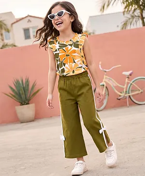 OLLINGTON ST. Sinker Knit Sleeveless
                              Top & Flared Culottes With Floral
                              Print & Applique - Multicolor