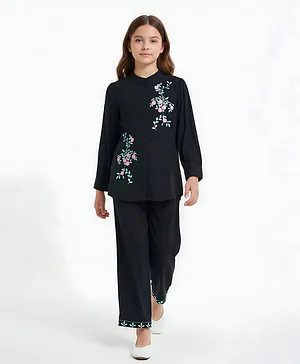 Bella Moda Cotton Woven Three Fourth
                              Sleeves Floral Embroidered Shirt Style Top
                              & Pant Set - Navy Blue