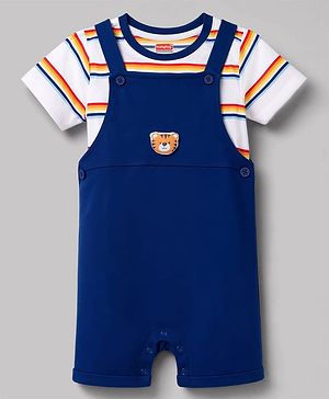 Babyhug 100% Cotton Single Jersey Knit Half Sleeves Striped Dungaree & T-Shirt with Cub Face Applique - Navy