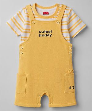 Babyhug 100% Cotton Knit Half Sleeves Striped & Text Embroidered Dungaree Set With T-Shirt - Khaki