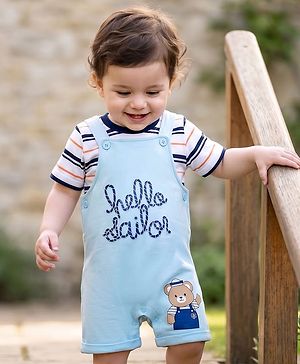 Babyhug 100% Cotton Knit Half Sleeves Striped & Bear Text Printed Dungaree With Inner Tee - Light Blue