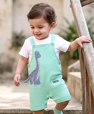 Babyhug 100% Cotton Single Jersey Knit Half Sleeves Dino Applique Dungaree With Inner Tee - White
