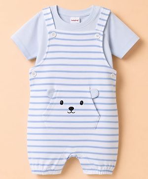 Babyhug 100% Cotton Knit Half Sleeves Striped & Animal Embroidered Dungaree With Text Printed Tee - Light Blue