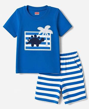 Babyhug 100% Cotton Interlock Knit Half Sleeves T-Shirt & Striped Shorts With Dino Print - Blue