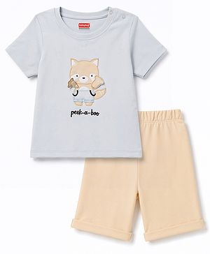 Babyhug 100% Cotton Single Jersey Knit Half Sleeves T-Shirt & Shorts With Cat Print - Blue