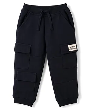 Babyhug Cotton Terry Knit Full Length Lounge Pant With Cargo Pockets & Patch - Black
