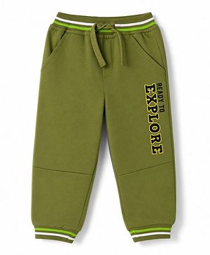 Babyhug 100% Cotton Terry Knit Full Length Joggers With Ready To Explore Text Print - Green