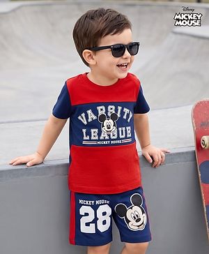 Babyhug Disney Single Jersey Knit Half Sleeves T-Shirt & Shorts Set With Mickey Mouse Graphics - Multicolor
