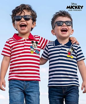 Babyhug Disney Single Jersey Knit Half Sleeves Polo T-Shirt with Stripes & Mickey Mouse Print Pack of 2 - Multicolour