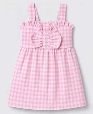 Babyhug Seer Sucker 100% Cotton Woven Sleeveless Top with Bow Applique and Checks Print - Pink