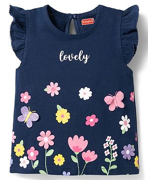 Babyhug Cotton Knit Top with Georgette Detailing Frill Sleeves Round Neck Floral Print Multi Color 6-9 Months