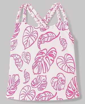Babyhug 100% Cotton Knit Sleeveless Tropical Theme Printed Top - Pink & White