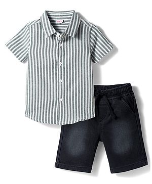 Babyhug Cotton Woven Half Sleeves Striped Shirt & Denim Shorts Set - Olive Green & Black