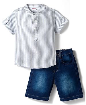 Babyhug Cotton Woven Half Sleeves Striped Kurta Style Shirt & Denim Shorts Set - Blue