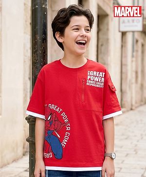 Pine Kids Marvel Cotton Knit Drop Shoulder Half Sleeves T-Shirt with Spiderman Graphic - Red