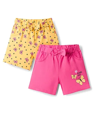 Doodle Poodle 100% Cotton Knit Knee
                              Length Floral & Butterfly Printed
                              Shorts With Bow Applique Pack Of 2 - Pink
                              & Yellow