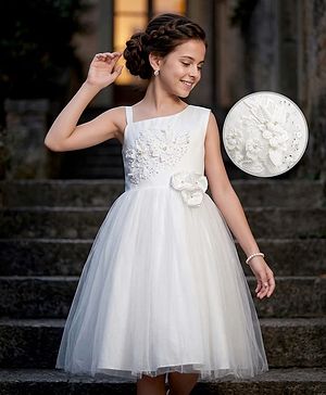 Pine Kids Mesh Woven Sleeveless Party Dress with Floral Embroidery & Applique - White