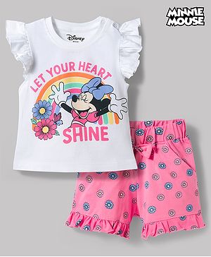 Babyhug Disney Single Jersey Knit Half Frill Sleeves T-Shirt & Shorts Night Suit With Minnie Mouse Graphic - Pink & White