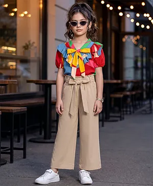 OLLINGTON ST. Viscose Half Sleeves
                              Printed Frill Top & Culottes Set -
                              Multicolor