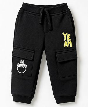 Babyhug Cotton Terry Knit Full Length Track Pant with Yeah Print - Black