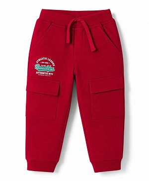 Babyhug Cotton Terry Knit Jogger Fit Track Pant with Cargo Pocket & Brooklyn Text - Red
