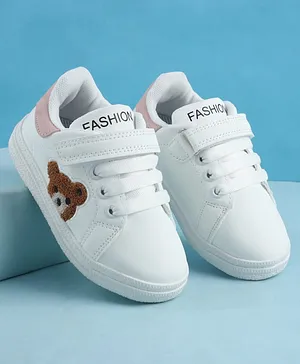 Babyoye Velcro Closure Casual Shoes with Teddy Embroidery - Pink & White