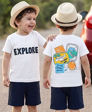 Babyhug Single Jersey Knit Half Sleeves T-Shirt & Shorts Set With Tropical Theme - White