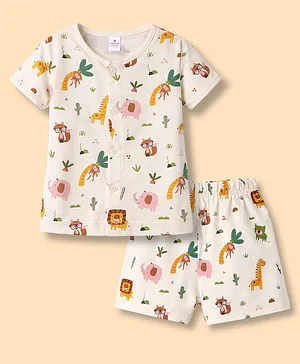Ollypop Interlock Knit Half Sleeves
                              Co-ord T-Shirt & Shorts Night Suit
                              With Jungle Print - Cream
