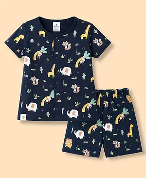 Ollypop Interlock Knit Half Sleeves
                              Co-ord T-Shirt & Shorts Night Suit
                              With Jungle Print - Blue