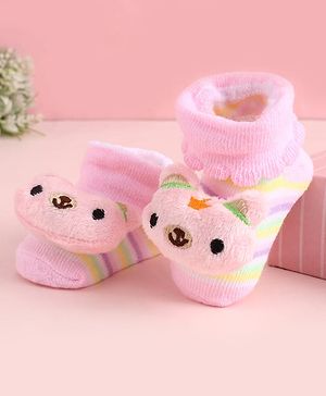 Cute Walk by Babyhug Fabric Socks Shoes With Large Teddy Bear Applique - Pink