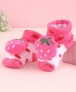 Cute Walk by Babyhug Fabric Socks Shoes With Large Strawberry Applique - Dark Pink