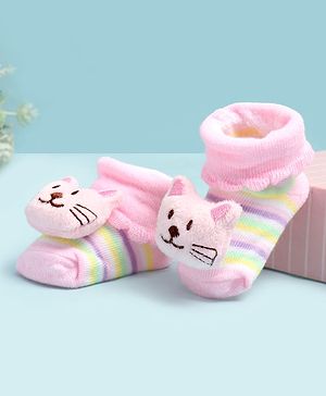 Cute Walk by Babyhug Ankle Length Socks Shoes With Cat Applique - Multicolor