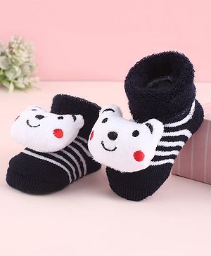 Cute Walk by Babyhug Fabric Striped Socks Shoes With Large  Teddy Bear Applique - Black