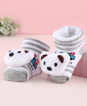 Cute Walk by Babyhug Fabric Striped Socks Shoes With Large Teddy Bear Applique - White