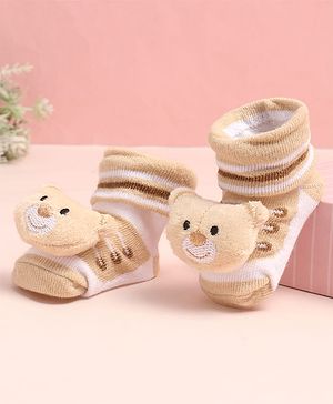 Cute Walk by Babyhug Sock Shoes with Stripes & Bear Applique - Multicolor