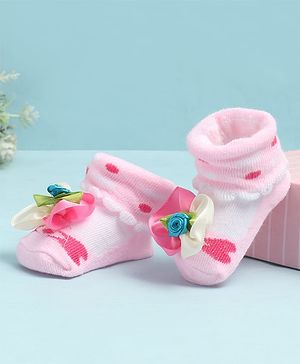 Cute Walk by Babyhug Sock Shoes with Heart Design & Floral Applique - Multicolor