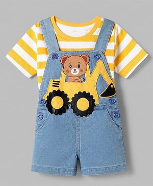 Babyhug 100% Cotton Single Jersey Half sleeves Dungarees With Bear Print Tee In Yellow Blue