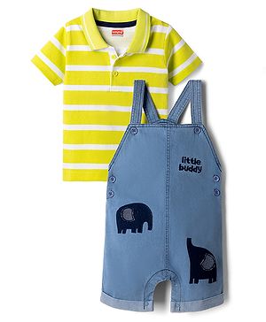 Babyhug 100% Cotton Single Jersey Knit Animal Embroidered Dungaree With Half Sleeves Striped Inner Tee - Limegreen & Blue
