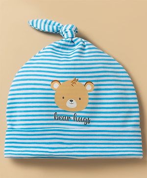 Babyhug 100% Cotton Knit Bear Printed & Striped Cap Light Blue - Diameter 8 cm