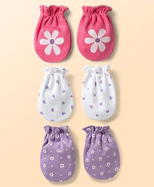 Babyhug 100% Cotton Knit Mittens with Floral & Heart Print Pack of 3 - Multicolor