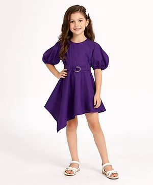 Piccolo Satin Woven Half Puffed Sleeves Solid Asymmetrical Dress - Purple