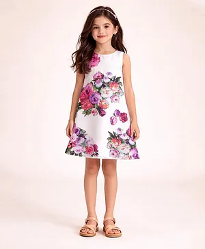 Piccolo Satin Woven Sleeveless Floral Printed Dress - White
