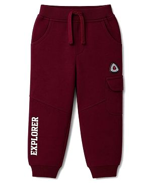Babyhug 100% Cotton Terry Knit Full Length Solid Lounge Pant With Text Print - Maroon