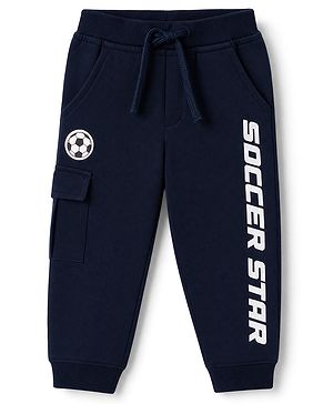 Babyhug Cotton Terry Knit Full Length Track Pant with Soccer Star Text Print & Patch - Navy Blue