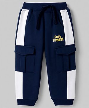 Babyhug 100% Cotton Terry Knit Full Length Lounge Pant With Text Print - Navy Blue